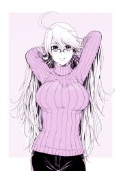 Rule 34 | 1girl, ahoge, alma armas, an&#039;no natsume, breasts, denim, glasses, highres, jeans, large breasts, long hair, outside border, pants, prosthesis, prosthetic hand, purple background, purple sweater, solo, sweater, va-11 hall-a