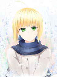 Rule 34 | 1girl, ahoge, artoria pendragon (all), artoria pendragon (fate), blonde hair, blue scarf, coat, fate/stay night, fate (series), green eyes, hair ribbon, highres, long sleeves, looking at viewer, official alternate costume, ribbon, saber (fate), scarf, smile, solo, xiaodi