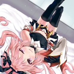 Rule 34 | 1boy, animal ears, armor, armored dress, astolfo (fate), astolfo (saber) (fate), black bow, black gloves, black ribbon, black thighhighs, bow, bowtie, card, closed mouth, dress, fate/grand order, fate (series), gloves, hair bow, hair intakes, hair ornament, hair ribbon, happy, highres, isuzu (an icy cat), long hair, long sleeves, looking at viewer, low twintails, lying, male focus, midriff, multicolored hair, on back, pink hair, purple eyes, rabbit ears, rabbit hair ornament, ribbon, smile, solo, streaked hair, thighhighs, trap, twintails