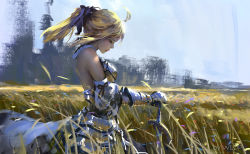 Rule 34 | 1girl, ahoge, armor, artist name, artoria pendragon (fate), bare back, bare shoulders, blonde hair, blue sky, breastplate, closed mouth, day, detached sleeves, closed eyes, fate/stay night, fate/unlimited codes, fate (series), gauntlets, grass, outdoors, petals, ponytail, ribbon, saber (fate), saber lily, sky, solo, wlop