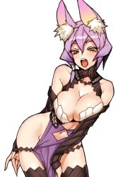 Rule 34 | 1girl, 7th dragon (series), 7th dragon iii, animal ears, black thighhighs, breasts, cleavage, detached sleeves, highres, navel, no panties, okita ababa, open mouth, purple hair, rune knight (7th dragon), short hair, simple background, solo, teeth, thighhighs, urye (7th dragon), white background