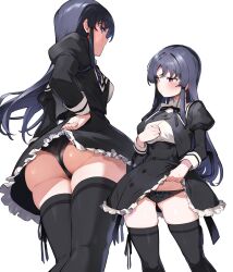 Rule 34 | 1girl, absurdres, ass, assault lily, black bow, black hair, black panties, black ribbon, black skirt, black thighhighs, blush, bow, bow panties, breasts, bright pupils, buttons, closed mouth, clothes lift, cropped jacket, feet out of frame, frilled skirt, frills, from below, frown, goe (g-o-e), hand on own ass, hand on own chest, hand up, high-waist skirt, highres, juliet sleeves, large breasts, leg ribbon, lifting own clothes, long hair, long sleeves, looking at viewer, looking down, looking to the side, miniskirt, multiple views, neck ribbon, panties, profile, puffy sleeves, purple eyes, ribbon, school uniform, shirai yuyu, sidelocks, sideways glance, simple background, skirt, skirt lift, standing, thigh ribbon, thighhighs, underwear, upskirt, white background, white pupils, yurigaoka girls academy school uniform