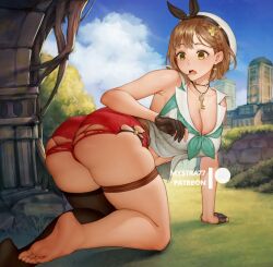 Rule 34 | 1girl, all fours, ass, atelier (series), atelier ryza, atelier ryza 2, bare shoulders, barefoot, blush, breasts, brown eyes, brown hair, cleavage, embarrassed, from behind, hair ornament, hair ribbon, hairclip, hat, key, key necklace, large breasts, looking back, looking down, mystra77, necklace, open mouth, red shorts, reisalin stout, ribbon, short hair, short shorts, shorts, single thighhigh, solo, thigh strap, thighhighs, torn clothes