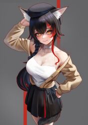 Rule 34 | 1girl, absurdres, animal ear fluff, animal ears, beret, black hair, blush, bone hair ornament, breasts, hair between eyes, hair ornament, hairclip, hat, highres, hololive, lazik 1337, looking at viewer, medium breasts, multicolored hair, official alternate costume, ookami mio, ookami mio (street), red hair, shirt, skirt, sleeveless, sleeveless shirt, smile, solo, streaked hair, tail, tail around own leg, tail wrap, virtual youtuber, white shirt, wolf ears, wolf girl
