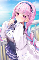 Rule 34 | 1girl, ahoge, anchor symbol, blue hair, blue hairband, blue skirt, blue sky, blunt bangs, blush, braid, breasts, colored inner hair, commentary request, day, frilled sailor collar, frills, hairband, highres, hololive, jacket, large breasts, long hair, long sleeves, looking at viewer, minato aqua, minato aqua (sailor), miyagi ratona, multicolored hair, open clothes, open jacket, outdoors, parted lips, pink eyes, pink hair, pleated skirt, puffy long sleeves, puffy sleeves, sailor collar, school uniform, serafuku, skirt, sky, solo, sparkle, streaked hair, twin braids, twintails, twitter username, two-tone hair, virtual youtuber, water, white jacket