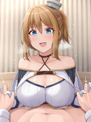 Rule 34 | 1boy, 1girl, :d, absurdres, azur lane, bare shoulders, black choker, blue capelet, blue eyes, blush, braid, breasts, brown hair, capelet, choker, cleavage, collarbone, commander (azur lane), commentary request, criss-cross halter, crop top, cum, cum on body, cum on breasts, cum on upper body, detached sleeves, ejaculation, french braid, gloves, hair between eyes, halterneck, hat, hetero, highres, holding hands, implied paizuri, indoors, interlocked fingers, long sleeves, looking at viewer, lower body, mini hat, navel, open mouth, paizuri, paizuri under clothes, partial commentary, ponytail, repulse (azur lane), shirt, sidelocks, smile, solo focus, stomach, upper body, warubo, white gloves, white shirt, white sleeves