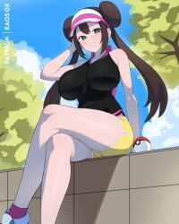 1girl 2024_pokemon_teraleak alternate_breast_size alternate_costume aqua_eyes bare_shoulders breasts breasts_apart bright_pupils brown_hair creatures_(company) crossed_legs double_bun feet_out_of_frame from_below game_freak grin hair_bun highres impossible_clothes impossible_shirt kaos_art large_breasts long_hair looking_at_viewer nintendo outdoors pink_socks pokemon pokemon_bw2 rosa_(pokemon) shirt short_shorts shorts sitting sleeveless sleeveless_shirt smile socks solo tree twintails yellow_shorts