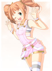 Rule 34 | 10s, 1girl, brown hair, dk, green eyes, idolmaster, idolmaster (classic), idolmaster 2, long hair, one eye closed, solo, takatsuki yayoi, thighhighs, twintails, wink