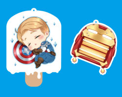 Rule 34 | 1boy, animification, blonde hair, captain america, captain america (series), chibi, drooling, ee0418, food, ice crystal, iron man, iron man (series), marvel, popsicle, shield, sleeping, steve rogers, toaster