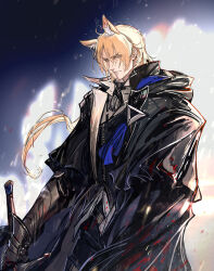Rule 34 | 1boy, abstract background, animal ears, arknights, ascot, black ascot, black cloak, black jacket, blonde hair, blood, blood on clothes, blue scarf, cloak, commentary, frown, furrowed brow, gauntlets, grey background, horse boy, horse ears, jacket, long hair, looking at viewer, male focus, mlynar (arknights), ryuuzaki ichi, scarf, solo, sword, upper body, weapon, yellow eyes