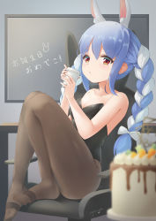 Rule 34 | 1girl, absurdres, animal ear fluff, animal ears, bare arms, bare shoulders, birthday, birthday cake, black leotard, black pantyhose, blue hair, braid, breasts, cake, collarbone, cup, disposable cup, food, full body, happy birthday, highres, hikimayu, holding, hololive, knees to chest, knees up, leotard, light blush, long hair, multicolored hair, on chair, orange eyes, pantyhose, playboy bunny, pouty lips, qingyunmengyi, rabbit-shaped pupils, rabbit ears, short eyebrows, sitting, small breasts, solo, strapless, strapless leotard, swept bangs, symbol-shaped pupils, twin braids, twintails, two-tone hair, usada pekora, virtual youtuber, white hair