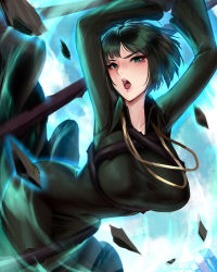 Rule 34 | arms up, bdsm, bent over, blue eyes, breasts, cian yo, dress, fubuki (one-punch man), green hair, highres, large breasts, one-punch man, open mouth, short hair, thorns, whip