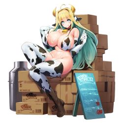 Rule 34 | 1girl, ahoge, animal ears, animal print, areola slip, bell, bikini, bikini top only, blonde hair, blush, boots, bottomless, box, breasts, cardboard box, choker, cleavage, collar, cow ears, cow girl, cow horns, cow print, cow print bikini, cowbell, curvy, ear tag, elbow gloves, elf, elven forest maker, elven forest maker (last origin), full body, game cg, glass, gloves, green hair, hair intakes, highres, horns, huge breasts, lactation, last origin, licking lips, long hair, looking at viewer, milk, milk churn, multicolored hair, navel, neck bell, nipples, no panties, official art, pointy ears, print bikini, pulling own clothes, sign, sitting, smile, snowball22, solo, strap pull, suggestive fluid, swimsuit, symbol-shaped pupils, tachi-e, thighhighs, tongue, tongue out, transparent background, two-tone hair, wakamezake