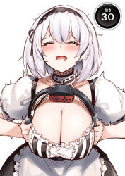 Rule 34 | 1girl, absurdres, apron, azur lane, black dress, blush, breasts, choker, cleavage, closed eyes, dot nose, dress, frilled apron, frills, furrowed brow, hair between eyes, hairband, hands up, highres, holding, lace-trimmed hairband, lace trim, leaning forward, open mouth, puffy short sleeves, puffy sleeves, raiou, raised eyebrows, ring-con, ring fit adventure, short hair, short sleeves, simple background, sirius (azur lane), solo, waist apron, white apron, white background, white dress, white hair