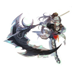 Rule 34 | 1girl, absurdres, armor, belt, black gloves, brown hair, check copyright, copyright request, crescent, drill hair, gloves, greaves, grey background, helmet, highres, holding, holding scythe, holding weapon, huge weapon, long hair, looking at viewer, parted lips, ponytail, red eyes, scratches, scythe, signature, simple background, smile, solo, soulworker, suvin (mononochi), vambraces, very long hair, visor, weapon