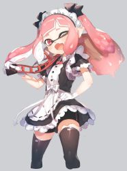 Rule 34 | 1girl, bad id, bad twitter id, bike shorts, black dress, black thighhighs, dress, fangs, gloves, grey background, hand on own hip, highres, inkling, inkling girl, inkling player character, long hair, maid, mask, nintendo, one eye closed, open mouth, pink eyes, pink hair, pointy ears, shorts, shorts under dress, smile, solo, sprbouuz, tentacle hair, thighhighs