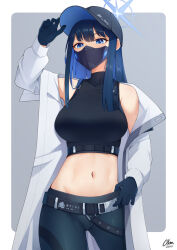 Rule 34 | 1girl, adjusting clothes, adjusting headwear, arm up, bare shoulders, baseball cap, belt, black belt, black hat, blue archive, blue eyes, blue gloves, blue hair, blue pants, breasts, coat, commentary request, cowboy shot, crop top, gloves, hat, highres, large breasts, leggings, long hair, long sleeves, looking at viewer, mask, midriff, mouth mask, navel, off shoulder, open clothes, open coat, pants, saori (blue archive), solo, standing, stomach, thighs, white coat, xsan vanny