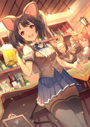 Rule 34 | 3girls, :d, animal ears, arm up, beer mug, black hair, black legwear, black shirt, blue bow, blue neckwear, blue skirt, bottle, bow, brown eyes, brown hair, brown vest, center frills, closed eyes, closed mouth, cocktail shaker, collared shirt, commentary request, cup, dutch angle, flower, frills, glasses, highres, holding, holding cup, indoors, mug, multiple girls, necktie, one eye closed, open mouth, original, pleated skirt, puffy short sleeves, puffy sleeves, red eyes, rose, ruien (wu jui-en), shirt, short sleeves, skirt, smile, stool, tail, teeth, thighhighs, twintails, upper teeth only, vest, white flower, white rose, white shirt