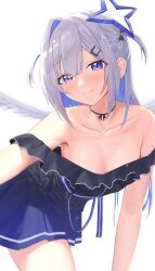 Rule 34 | 1girl, absurdres, amane kanata, amane kanata (work), angel wings, armpits, blue dress, blue hair, blue ribbon, blush, breasts, closed mouth, collarbone, colored inner hair, dress, grey hair, hair ornament, halo, highres, hololive, leaning forward, long hair, looking at viewer, multicolored hair, neck ribbon, off shoulder, parted bangs, pink hair, pleated dress, purple eyes, ribbon, short dress, simple background, single hair intake, small breasts, solo, star halo, streaked hair, thighs, two side up, virtual youtuber, white background, wings, zetacat