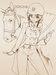 Rule 34 | 1girl, ascot, braid, buttons, contrapposto, double-breasted, girls und panzer, gloves, hat, holding, horse, long sleeves, looking at viewer, monochrome, orange pekoe (girls und panzer), pants, riding crop, sabaku chitai, smile, solo, tailcoat, traditional media
