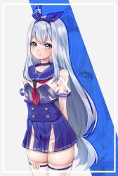 Rule 34 | 1girl, anchor (nikke), arms behind back, blue dress, blue hair, blue ribbon, blue sailor collar, blue skirt, breasts, buurn dokaan (nack), closed mouth, cowboy shot, dress, goddess of victory: nikke, hair ribbon, highres, light blue hair, light blush, long hair, looking at viewer, neckerchief, pleated skirt, red neckerchief, ribbon, sailor collar, see-through, see-through shirt, skindentation, skirt, small breasts, smile, solo, thighhighs, white thighhighs, zoom layer