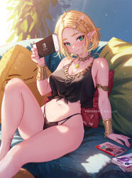 Rule 34 | 1girl, alternate costume, armlet, bare shoulders, black panties, black shirt, blush, bracelet, braid, breasts, cleavage, closed mouth, couch, crop top, earrings, green eyes, handheld game console, holding, holding handheld game console, jewelry, knee up, large breasts, mitsu (mitsu art), navel, necklace, nintendo, nintendo switch, panties, pointy ears, princess zelda, ring, shirt, short hair, sitting, smile, solo, stomach, tattoo, the legend of zelda, the legend of zelda: tears of the kingdom, thighs, tied shirt, underwear, wristlet