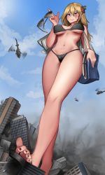 Rule 34 | 1girl, aircraft, blonde hair, city, destruction, feet, giant, giantess, helicopter, highres, kkasi00, nail polish, scar, smile, solo, sunglasses, sunglasses removed