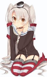 Rule 34 | 10s, 1girl, absurdres, amatsukaze (kancolle), arm support, bad anatomy, black panties, blush, brown dress, brown eyes, choker, collarbone, dress, garter straps, gloves, hair tubes, hand in own hair, headgear, highres, kantai collection, lifebuoy, long hair, looking at viewer, neckerchief, panties, red footwear, red thighhighs, sailor collar, sailor dress, shimohasira, shoes, short dress, silver hair, simple background, single glove, sitting, solo, swim ring, thighhighs, two side up, underwear, wariza, white background, white gloves