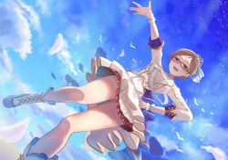 Rule 34 | 1girl, absurdres, aikawa chinatsu, bare legs, blue sky, blush, boots, brown hair, dress, dutch angle, falling feathers, feathers, hand on own hip, highres, idolmaster, idolmaster cinderella girls, jacket, knee boots, looking at viewer, outstretched arm, peppe, red-framed eyewear, second-party source, short hair, shorts under dress, sky, smile, solo, swept bangs, tiara, white dress, white jacket, wrist cuffs