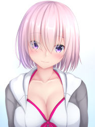 Rule 34 | 1girl, blush, breasts, cleavage, collarbone, fate/grand order, fate (series), hair between eyes, large breasts, looking at viewer, mash kyrielight, mash kyrielight (swimsuit of perpetual summer), official alternate costume, pink hair, purple eyes, short hair, smile, solo, tapisuke, upper body