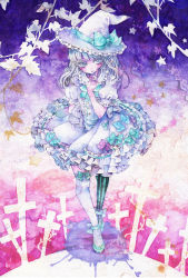 Rule 34 | 1girl, aqua footwear, arm garter, asymmetrical clothes, asymmetrical legwear, colored eyelashes, cross, dress, frilled dress, frills, full body, gradient background, hat, hat ribbon, leaf, miri (tobira no mukou), no nose, original, painting (medium), petticoat, plant, ribbon, shoes, solo, striped clothes, striped thighhighs, thighhighs, traditional media, uneven legwear, vertical-striped clothes, vertical-striped thighhighs, vines, walking, watercolor (medium), white dress, white hair, witch, witch hat, zettai ryouiki
