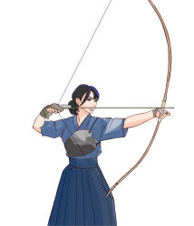 Rule 34 | 1girl, absurdres, archery, archery shooting glove, armor, black hair, blue dress, bow (weapon), breastplate, drawing bow, dress, gloves, gogo jolno, highres, holding, holding bow (weapon), holding weapon, kyuudou, looking to the side, medium hair, muneate, original, partially fingerless gloves, short ponytail, simple background, solo, standing, weapon, white background