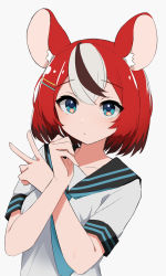 Rule 34 | 1girl, absurdres, alternate costume, alternate hair length, alternate hairstyle, animal ear fluff, animal ears, aqua necktie, black hair, blue eyes, breasts, closed mouth, crossed arms, grey background, hair between eyes, hair ornament, hairclip, hakos baelz, highres, hololive, hololive english, looking at viewer, mouse ears, multicolored hair, necktie, red hair, sailor collar, school uniform, serafuku, shirt, short hair, short sleeves, shuwe, simple background, small breasts, solo, streaked hair, upper body, v, virtual youtuber, white hair, white shirt