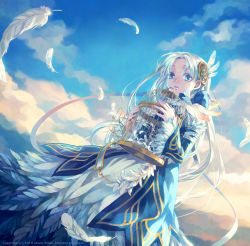 Rule 34 | 1girl, album cover, blue eyes, cage, cloud, cover, day, dress, feather hair ornament, feathers, hair ornament, highres, long hair, minami seira, original, outdoors, sky, solo, standing, very long hair, white hair