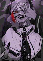 Rule 34 | 1girl, 96neko, absurdres, bandages, bandaid, bandaid on cheek, bandaid on face, cigarette, claw ring, dress, fingernails, grey background, habit, halo, hand on own face, highres, holding, indie utaite, jewelry, kamippoina (vocaloid), long hair, long sleeves, looking at viewer, nun, red eyes, ring, senzaku, simple background, solo, spot color, veil, vocaloid