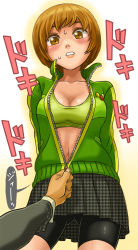 Rule 34 | 1girl, assisted exposure, atlus, bike shorts, blush, breasts, brown eyes, brown hair, cleavage, jacket, jersey, latex, mimonel, navel, open clothes, open jacket, persona, persona 4, satonaka chie, sega, short hair, skirt, solo focus, track jacket, unmoving pattern, unzipped, unzipping, zipper