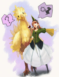 Rule 34 | 1990s (style), 1girl, ?, bad id, bad pixiv id, bird, brown hair, chocobo, confused, dress, final fantasy, final fantasy iii, final fantasy tactics, ghoul, hat, head tilt, headgear, kicking, long hair, open mouth, pointing, purple eyes, red hair, refia, shouting, skirt, sodeya itsuki, solo, staff, summoner, summoner (fft), summoner (final fantasy), wand