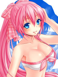 Rule 34 | 1girl, bandeau, bikini, bikini top only, blue eyes, bow, breasts, cleavage, female focus, hair bow, kotobuki0101, large breasts, long hair, looking at viewer, megurine luka, pink hair, ponytail, project diva (series), smile, solo, swimsuit, vocaloid