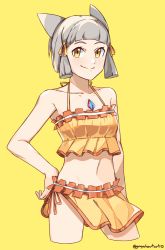 Rule 34 | animal ears, bikini, blunt bangs, breasts, cat ears, chest jewel, cowboy shot, graysheartart, halterneck, hand on own hip, highres, navel, nia (xenoblade), sarong, short hair, side-tie bikini bottom, silver hair, simple background, small breasts, smile, solo, spoilers, swimsuit, xenoblade chronicles (series), xenoblade chronicles 2, yellow background, yellow bikini, yellow theme