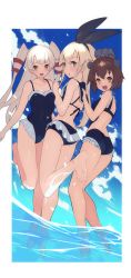Rule 34 | 10s, 3girls, :d, amatsukaze (kancolle), bad id, bad twitter id, bare back, bikini, blonde hair, blue sky, bow, brown eyes, brown hair, casual, casual one-piece swimsuit, cloud, day, dutch angle, frilled swimsuit, frills, girl sandwich, hair bow, hair tubes, hairband, hajime (hajime-ill-1st), headgear, highres, kantai collection, leg up, long hair, looking at viewer, multiple girls, one-piece swimsuit, open mouth, partially submerged, partially underwater shot, sailor bikini, sailor collar, sandwiched, shimakaze (kancolle), short hair, sky, smile, soaking feet, standing, standing on liquid, swimsuit, teeth, two side up, underwater, wading, water, white hair, yukikaze (kancolle)