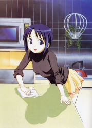 Rule 34 | 1girl, absurdres, blue eyes, blue hair, cleaning, highres, indoors, leaning forward, love hina, maehara shinobu, matching hair/eyes, miniskirt, official art, open mouth, short hair, skirt, sleeves rolled up, solo