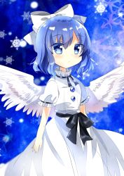 Rule 34 | 1girl, belt, black belt, blue background, blue eyes, blue hair, bow, chisen maimai, closed mouth, commentary, cowboy shot, dress, hair bow, highres, mai (touhou), short hair, signature, simple background, snowflakes, snowing, solo, standing, touhou, touhou (pc-98), white bow, white dress, white wings, wings