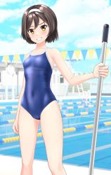 Rule 34 | 1girl, absurdres, black hair, blue sky, blue one-piece swimsuit, cameltoe, cloud, commentary request, competition school swimsuit, cowboy shot, day, fantia commission, feet out of frame, grin, hairband, highres, kantai collection, lane line, looking at viewer, mop, one-piece swimsuit, outdoors, pool, school swimsuit, short hair, sky, smile, solo, string of flags, swimsuit, takafumi, tanikaze (kancolle), white hairband, yellow eyes