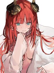 Rule 34 | 1girl, absurdres, aqua eyes, blank speech bubble, blunt bangs, breasts, closed mouth, fake horns, genshin impact, hair down, hand on own chin, highres, horns, korean commentary, looking at viewer, medium breasts, messy hair, naked shirt, nilou (genshin impact), qqkkay, red hair, shirt, solo, speech bubble, sweat, under covers, white shirt