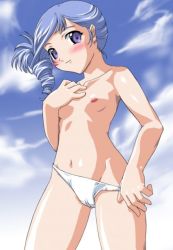 Rule 34 | 00s, 1girl, bikini, blush, breasts, cloud, covering one breast, covering privates, day, drill hair, flat chest, kiddy grade, lumiere, nipples, panties, panties only, panty pull, short hair, sky, small breasts, solo, standing, swimsuit, topless, underwear, underwear only, white panties
