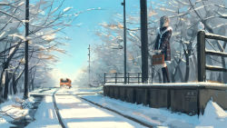 Rule 34 | 1girl, animal, bag, bird, black socks, blue eyes, blue sky, brown coat, brown hair, clannad, coat, commentary request, dated, hairband, highres, holding, holding bag, kneehighs, long hair, looking to the side, making-of available, outdoors, railroad tracks, sakagami tomoyo, scenery, sky, snow, socks, solo, standing, train, tree, wide shot, winter clothes, xiaobanbei milk