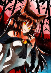 Rule 34 | 1girl, :d, animal ears, bad id, bad pixiv id, bamboo, bare shoulders, breasts, brooch, brown eyes, brown hair, collarbone, commentary request, dress, finger to mouth, fingernails, from below, full moon, hair between eyes, imaizumi kagerou, jewelry, long fingernails, long hair, looking at viewer, medium breasts, moon, night, night sky, off-shoulder dress, off shoulder, open mouth, qqqrinkappp, red skirt, sharp fingernails, skirt, sky, smile, solo, touhou, traditional media, upper body, white dress, wide sleeves, wolf ears