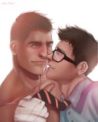 Rule 34 | 2boys, aliast669, artist name, bandaged hand, bandages, black hair, closed mouth, collared shirt, couple, david king (dead by daylight), dead by daylight, dwight fairfield, eye contact, glasses, looking at another, male focus, multiple boys, necktie, necktie grab, neckwear grab, parted lips, shirt, short hair, simple background, smile, undercut, upper body, white background, yaoi