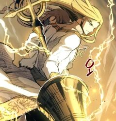 Rule 34 | 1boy, armor, blonde hair, closed mouth, doom breaker, electricity, long hair, looking at viewer, lucius giornetti, pants, solo, very long hair, white pants, yellow eyes