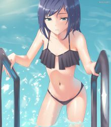 Rule 34 | 1girl, a-chan (hololive), alternate costume, ark ford, bikini, blue eyes, blue hair, breasts, commentary, cowboy shot, highres, hololive, looking down, midriff, navel, partially submerged, pool, pool ladder, shiny skin, small breasts, solo, swimsuit, virtual youtuber, wet, wet hair